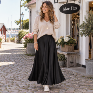 Satin wide skirt - black